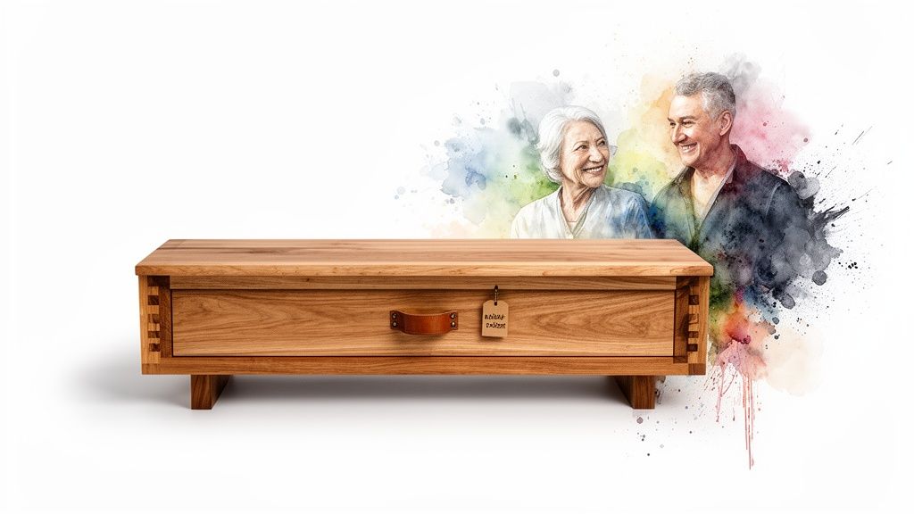 Custom wooden TV stand with a drawer, personalized tag, and watercolor illustration of a happy elderly couple.