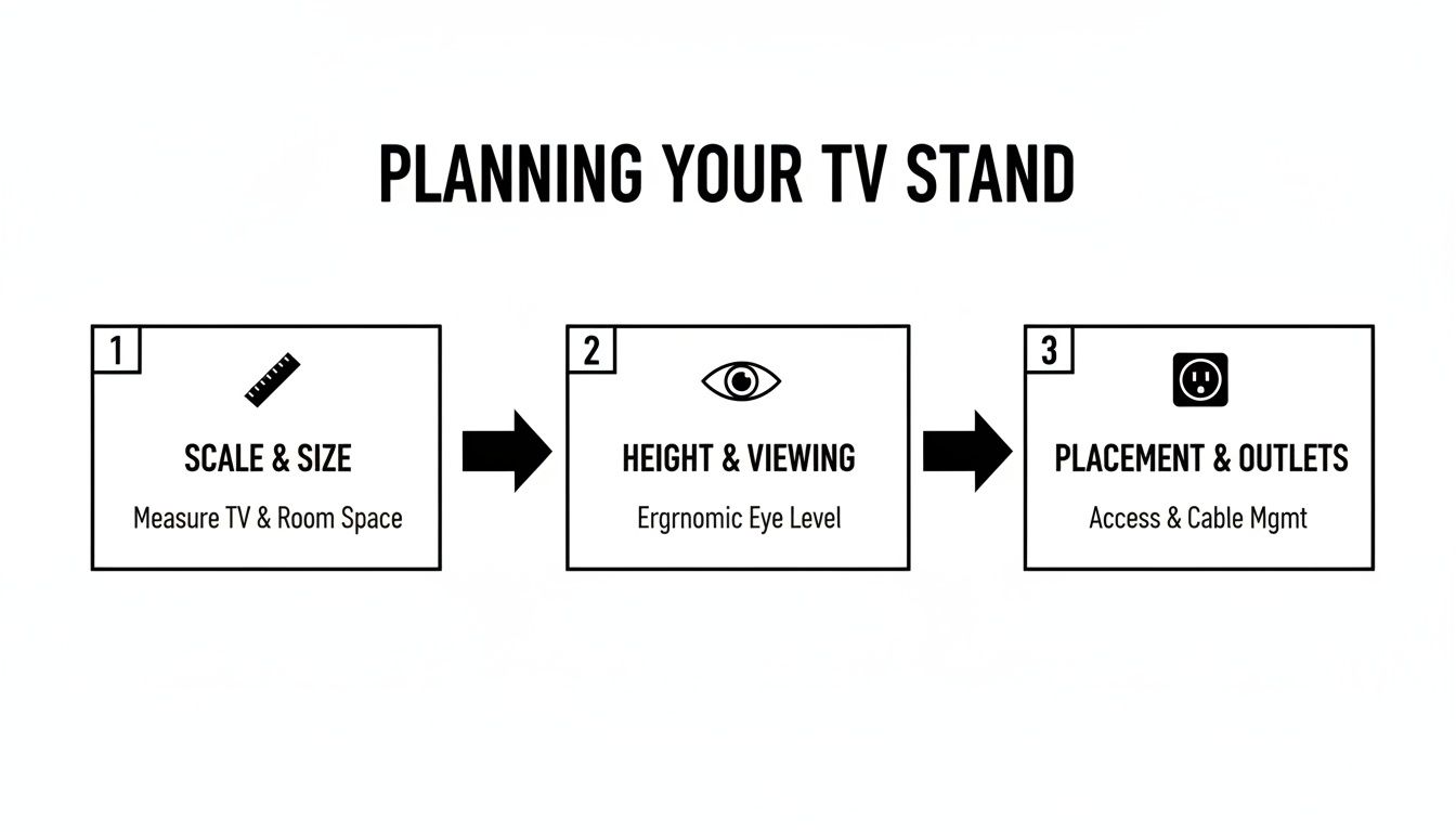 A three-step visual guide for planning a TV stand, covering scale, viewing height, and outlet placement.