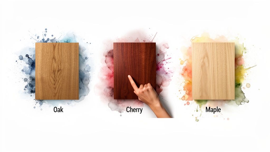 Three wood samples: Oak, Cherry, and Maple, with a hand pointing to Cherry, showing different wood types.