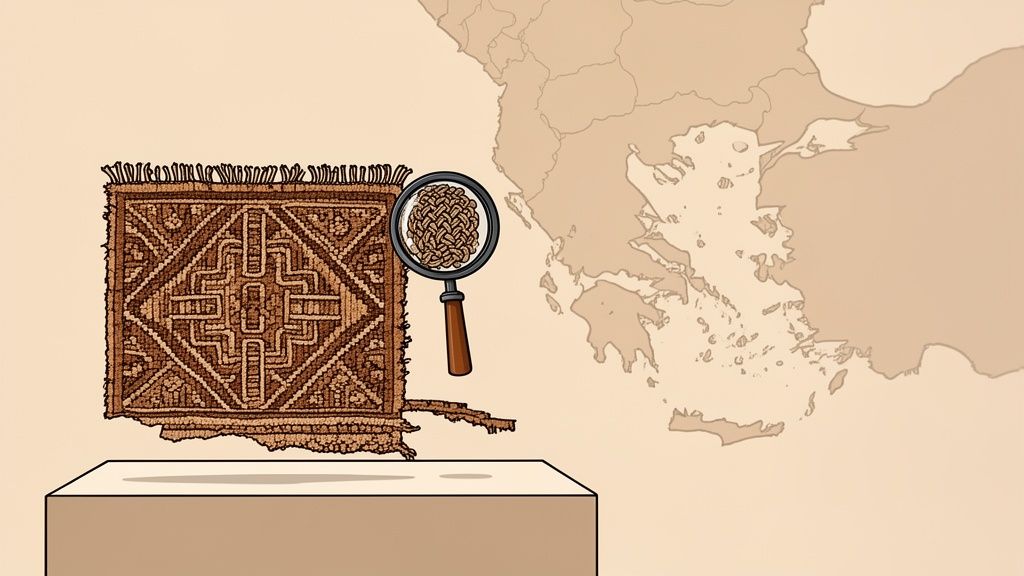 A detailed, patterned historical rug on display, with a magnifying glass showing weaving texture and a map in the background.