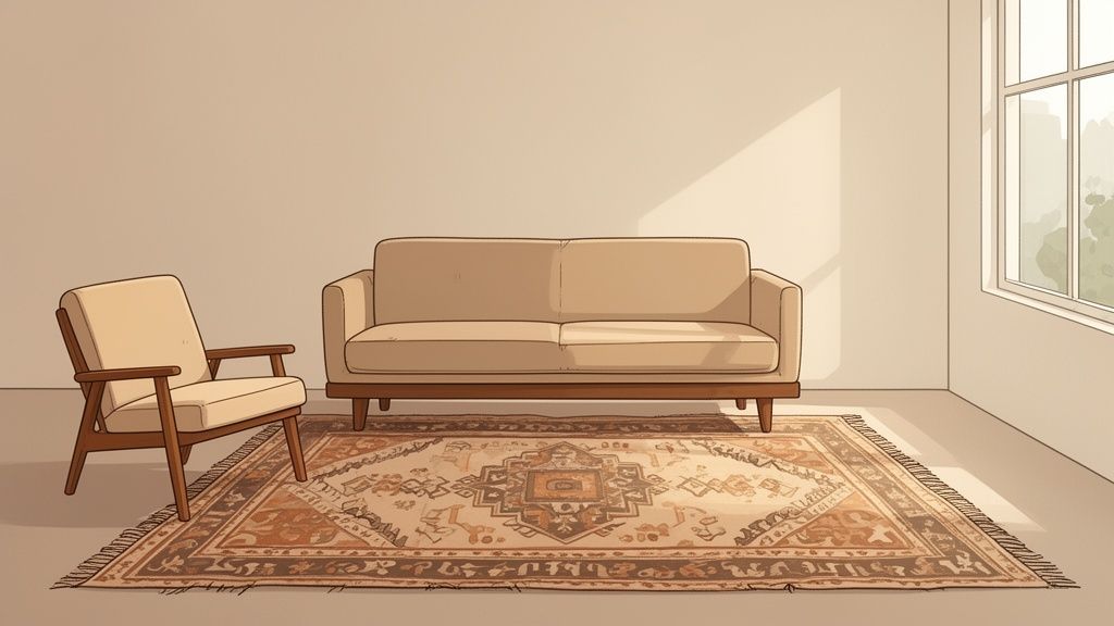 A bright room featuring a beige sofa, armchair, and an ornate patterned rug, bathed in sunlight.