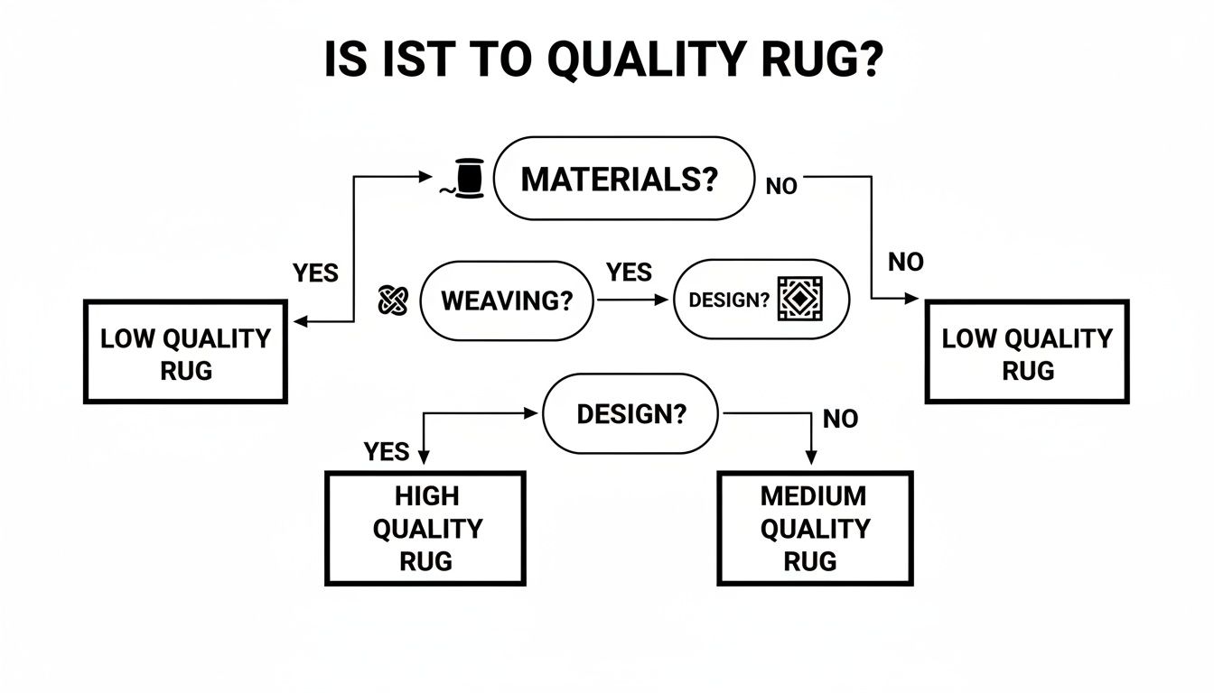 Flowchart illustrating how to determine rug quality based on materials, weaving, and design factors.