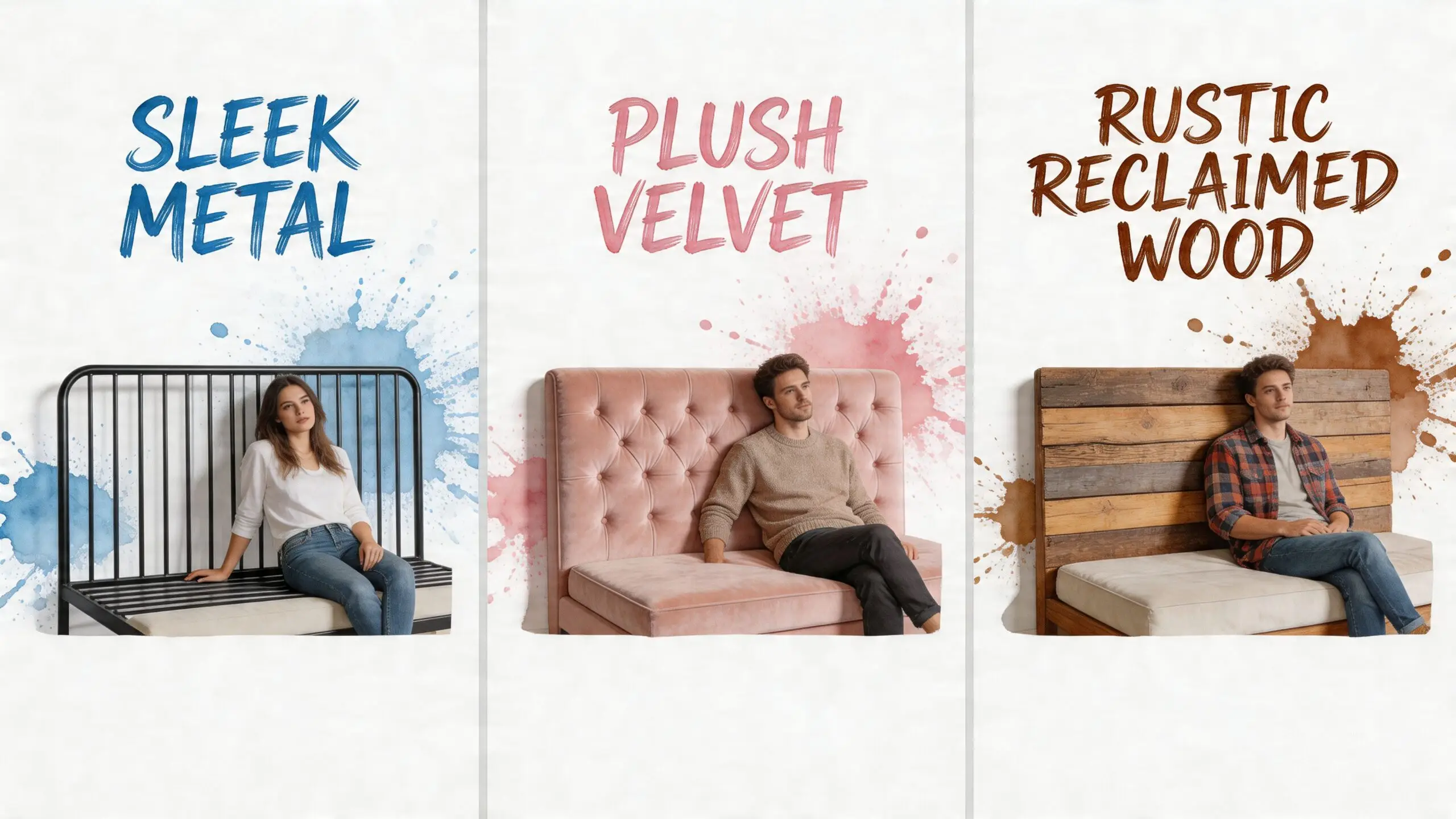 A split image showing three different styles of daybeds with headboards: sleek metal, plush velvet, and rustic wood.