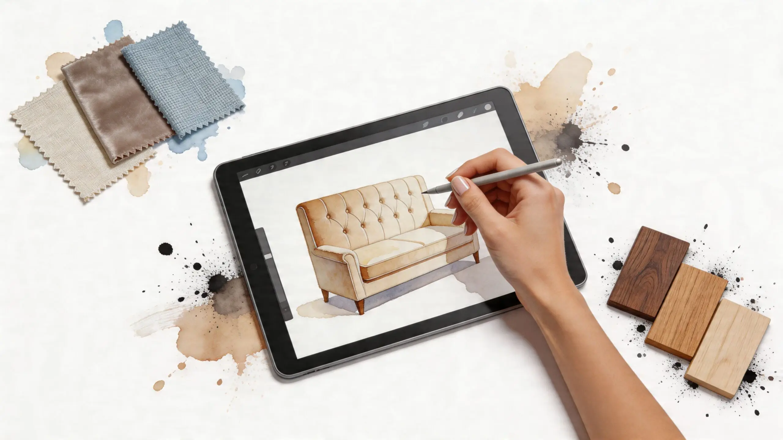 A designer's hand sketching a tufted sofa on a tablet, surrounded by fabric swatches and wood samples.