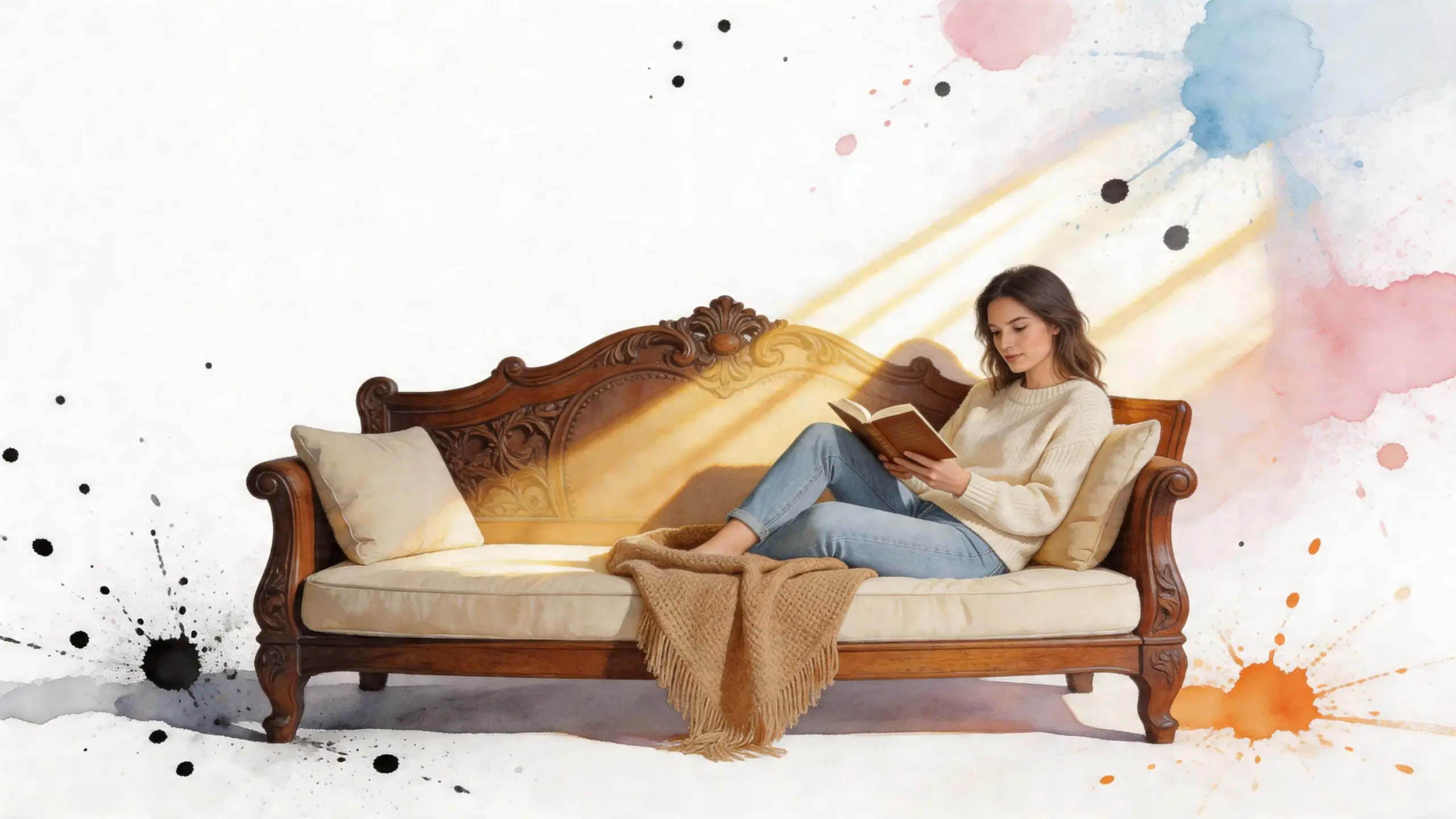A woman reads a book while relaxing on a vintage wooden daybed with an upholstered headboard.