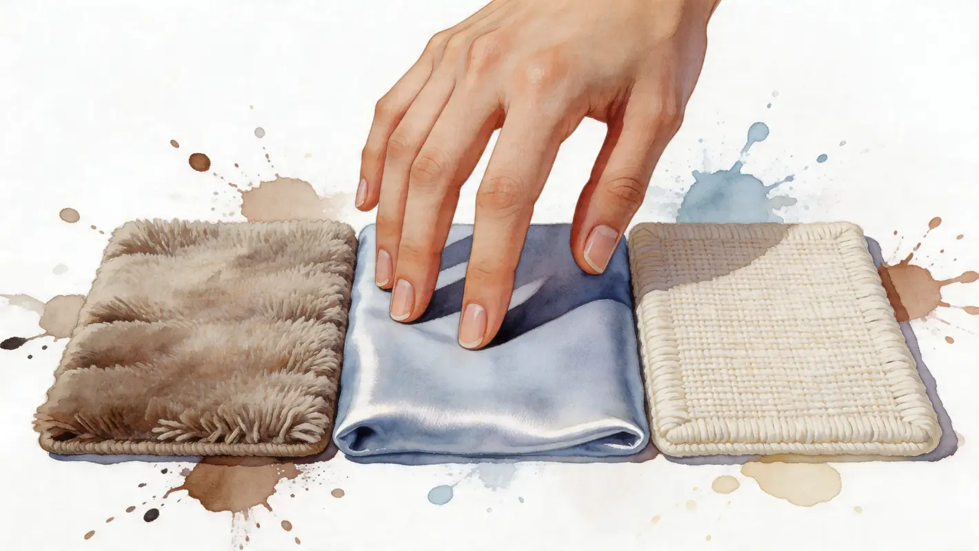 A hand touching three different fabric swatches representing various textures and materials for rug selection.