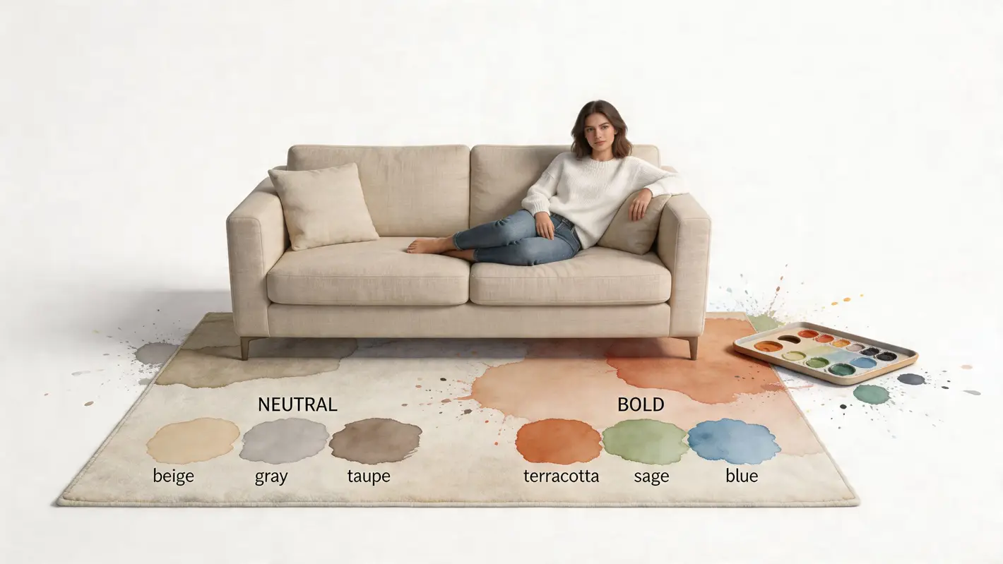 A woman sits on a beige sofa on a rug featuring watercolor paint swatches for color inspiration.