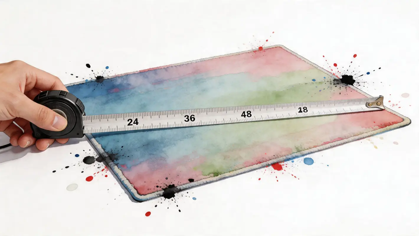 A hand holds a measuring tape over a colorful watercolor area rug to determine its dimensions.