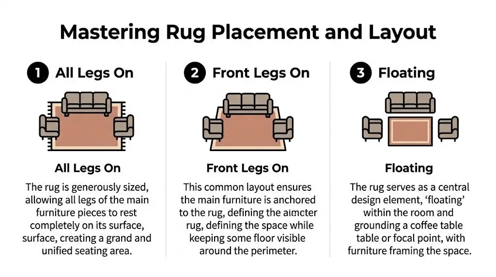 A diagram illustrating three different styles of area rug placement for furniture in a living room.