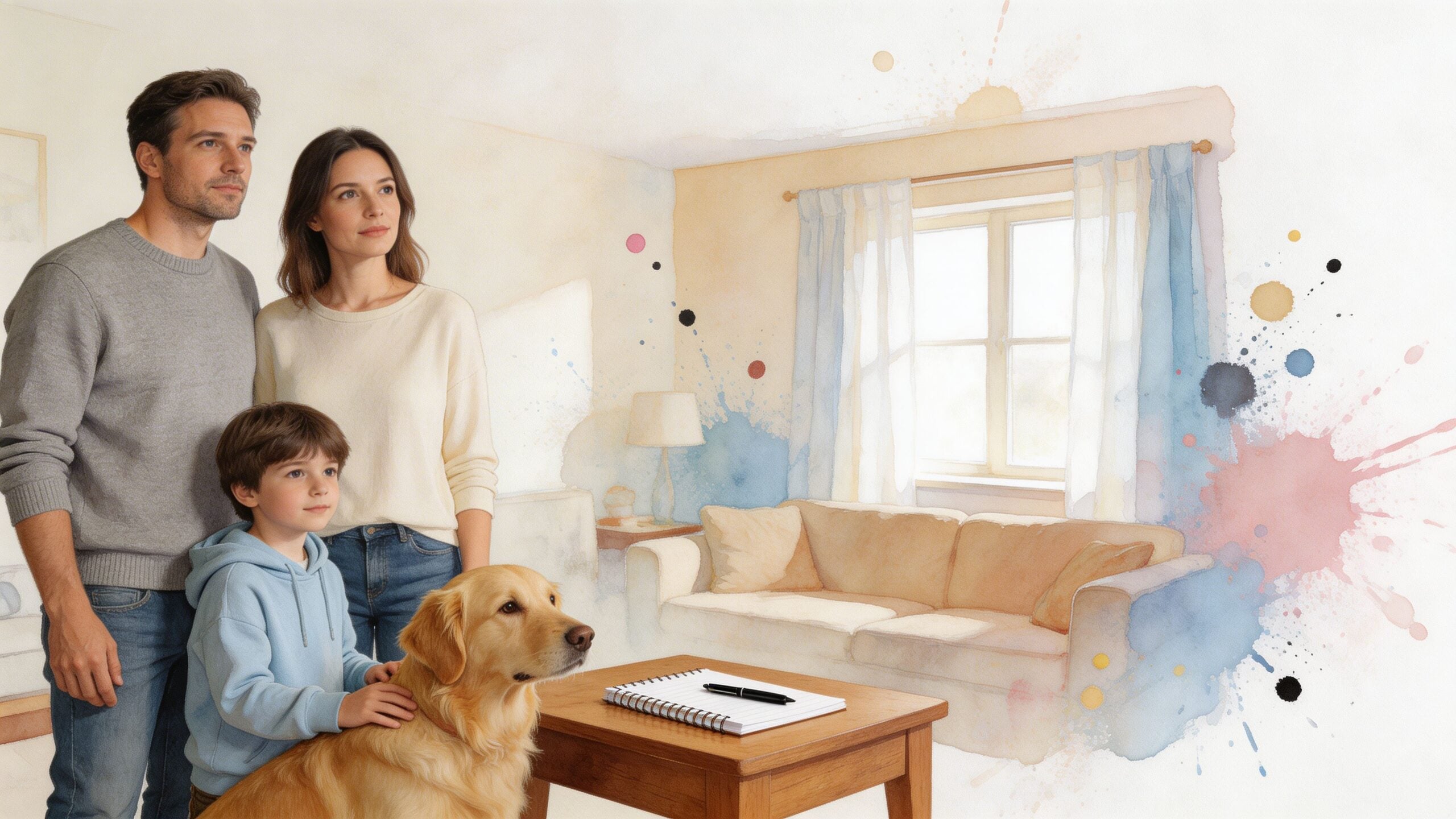 A happy family standing with their golden retriever in a brightly lit room with a watercolor aesthetic.