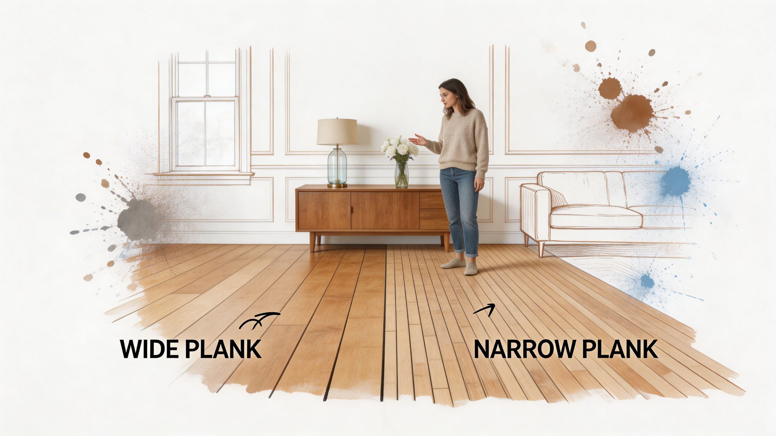 A woman stands in a room comparing wide plank and narrow plank hardwood flooring options side by side.