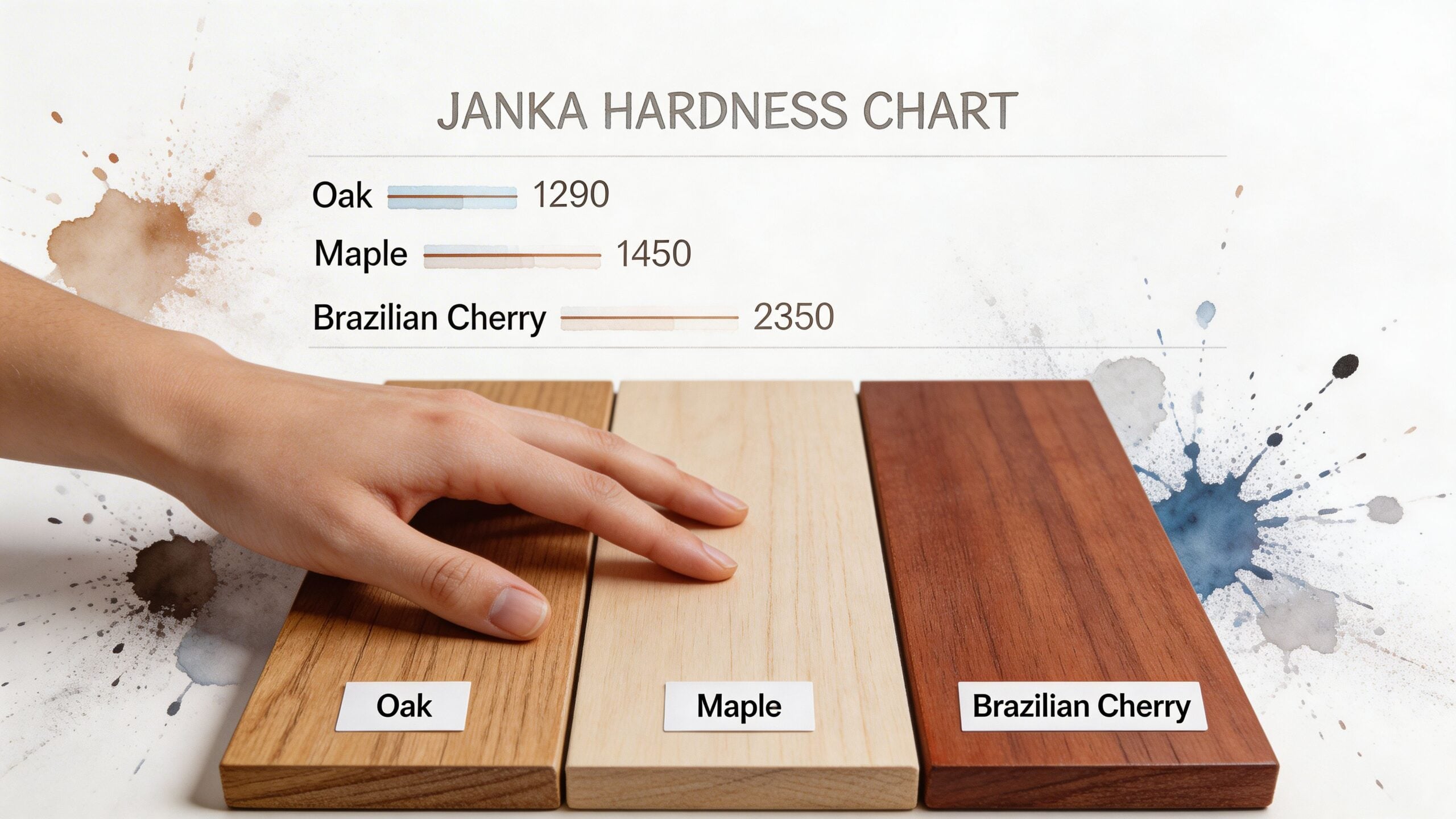 A hand touches wooden flooring samples next to a Janka hardness chart showing Oak, Maple, and Cherry.