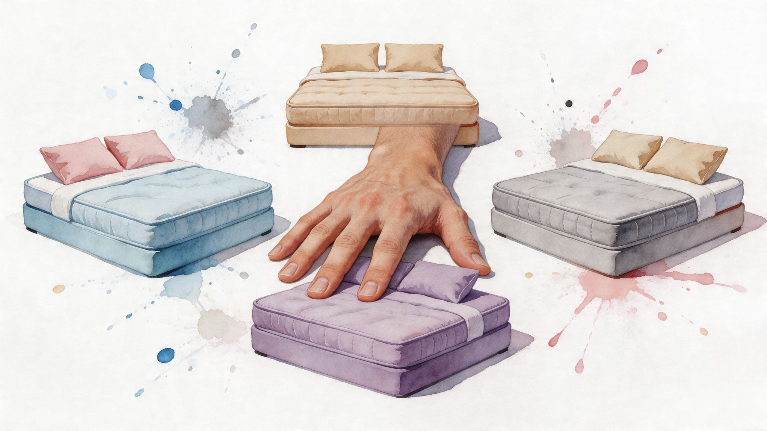 A hand reaching towards various miniature beds of different colors on a watercolor splashed background.