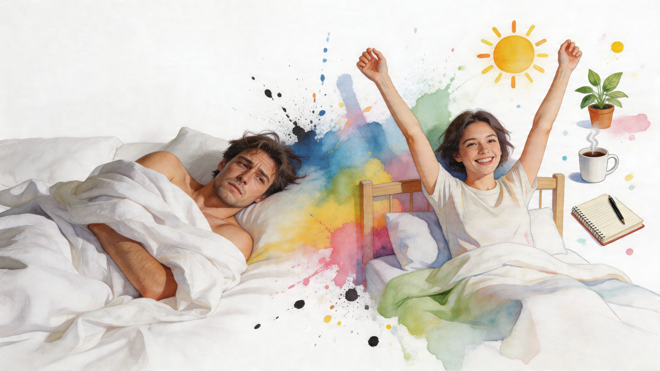 A contrast between a tired man in bed and a happy woman waking up energized with symbols.