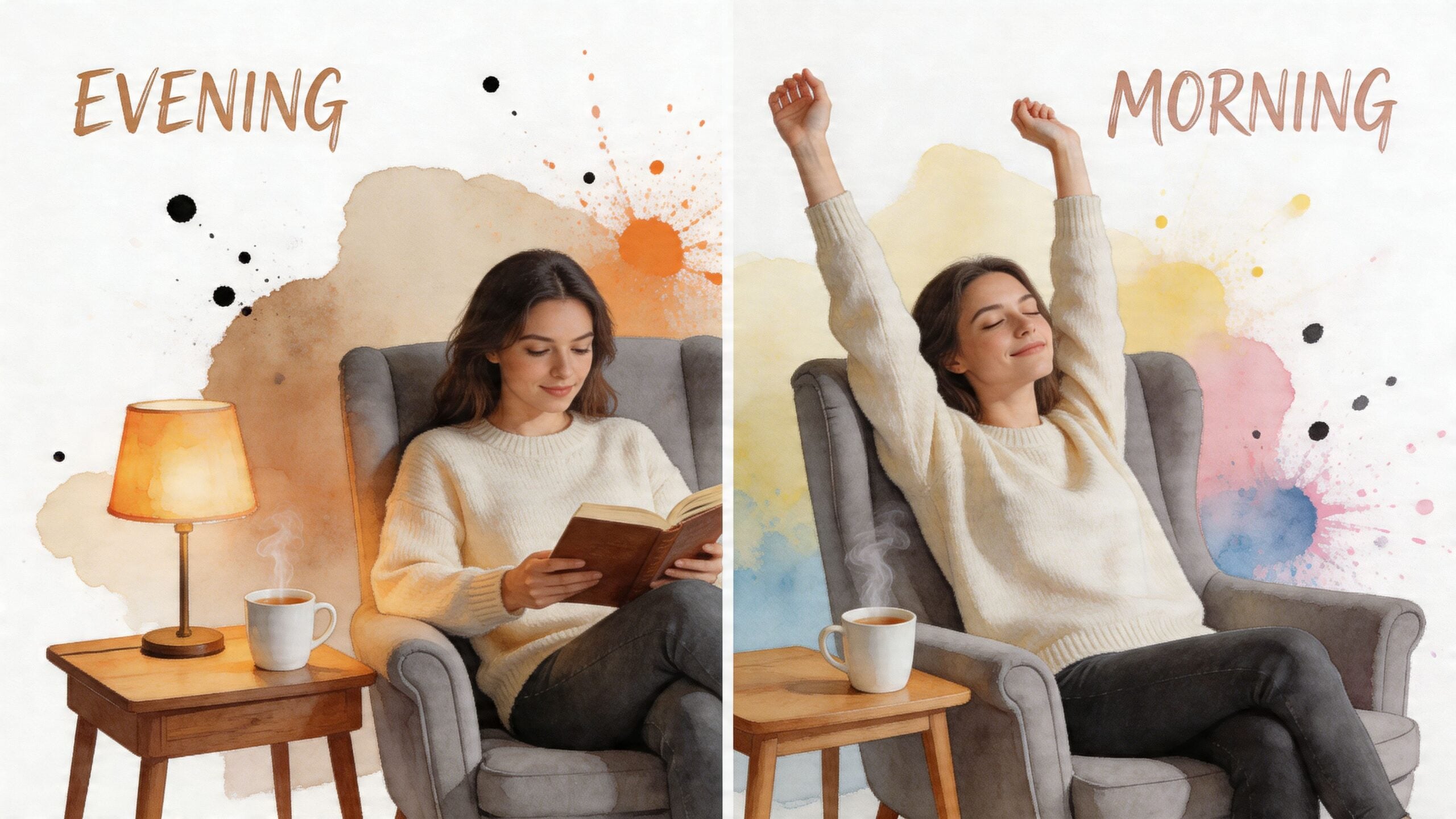 A split image showing a woman relaxing in an armchair, reading in the evening and stretching in the morning.