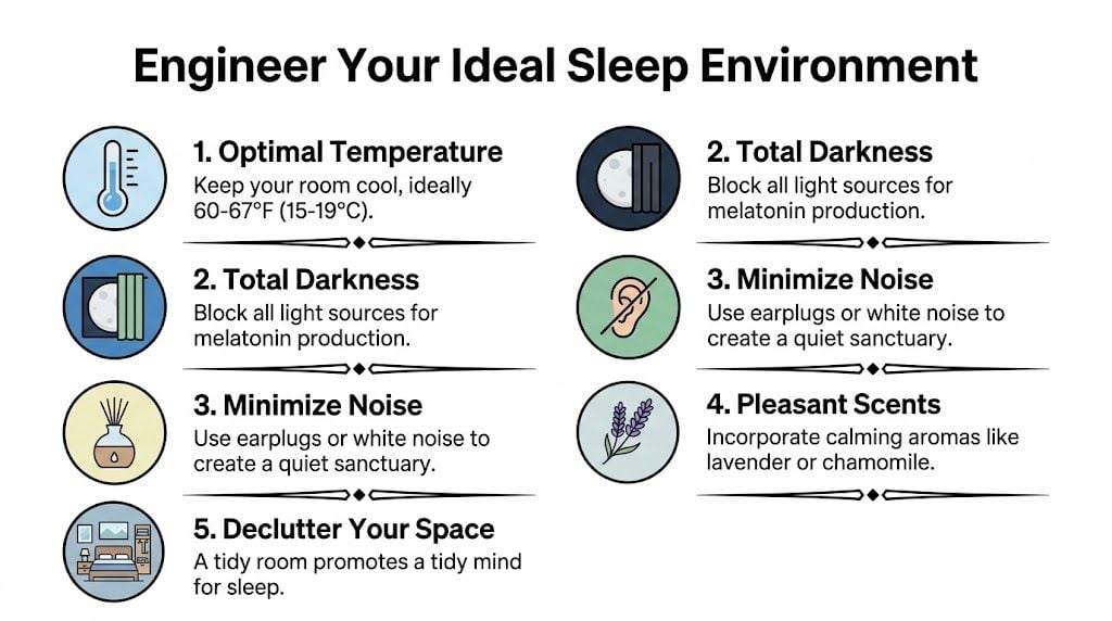 A helpful infographic showing five tips to create an ideal environment for better quality sleep.