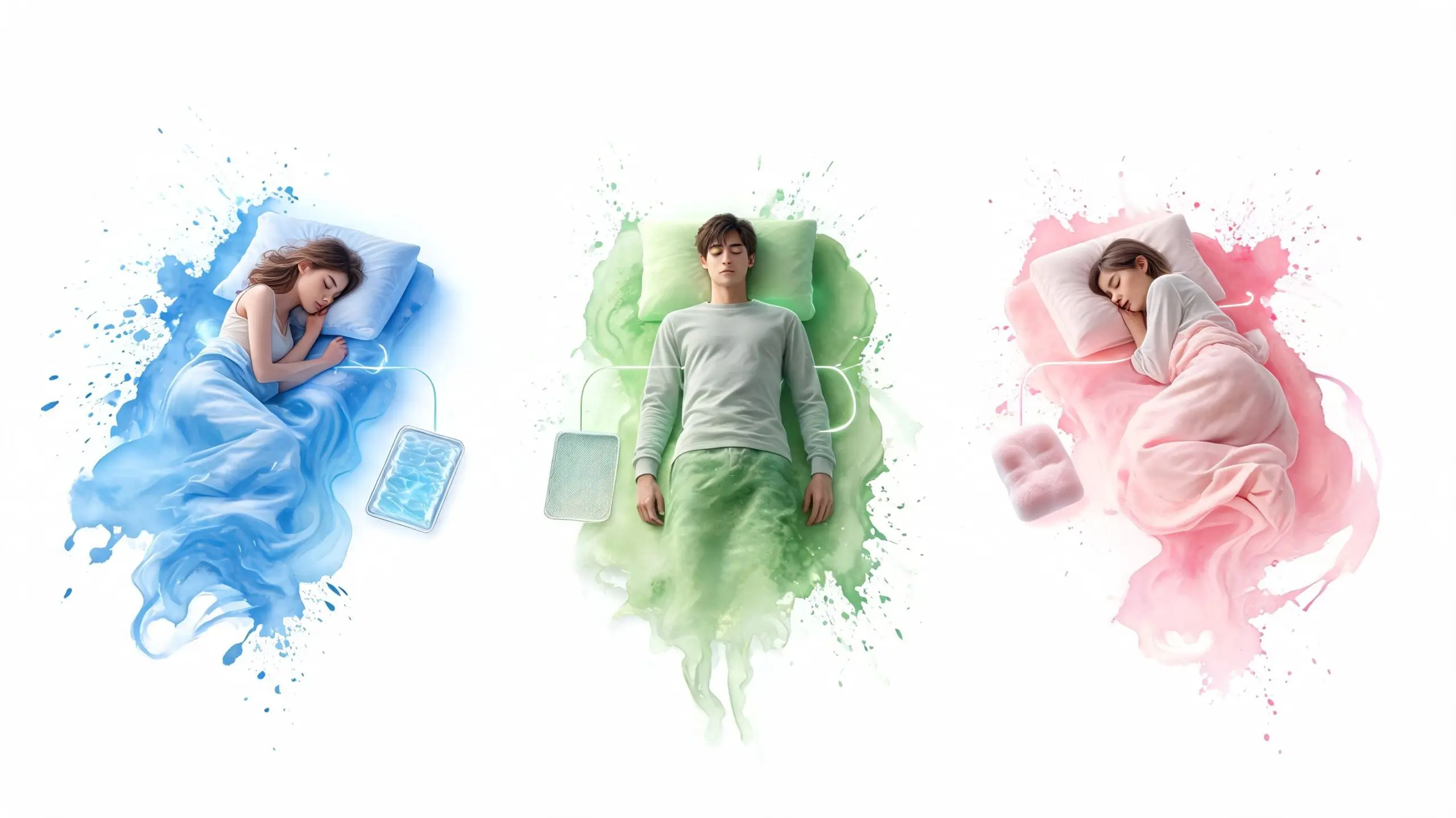 Three people sleeping comfortably with cooling and warming devices illustrated in artistic blue, green, and pink colors.