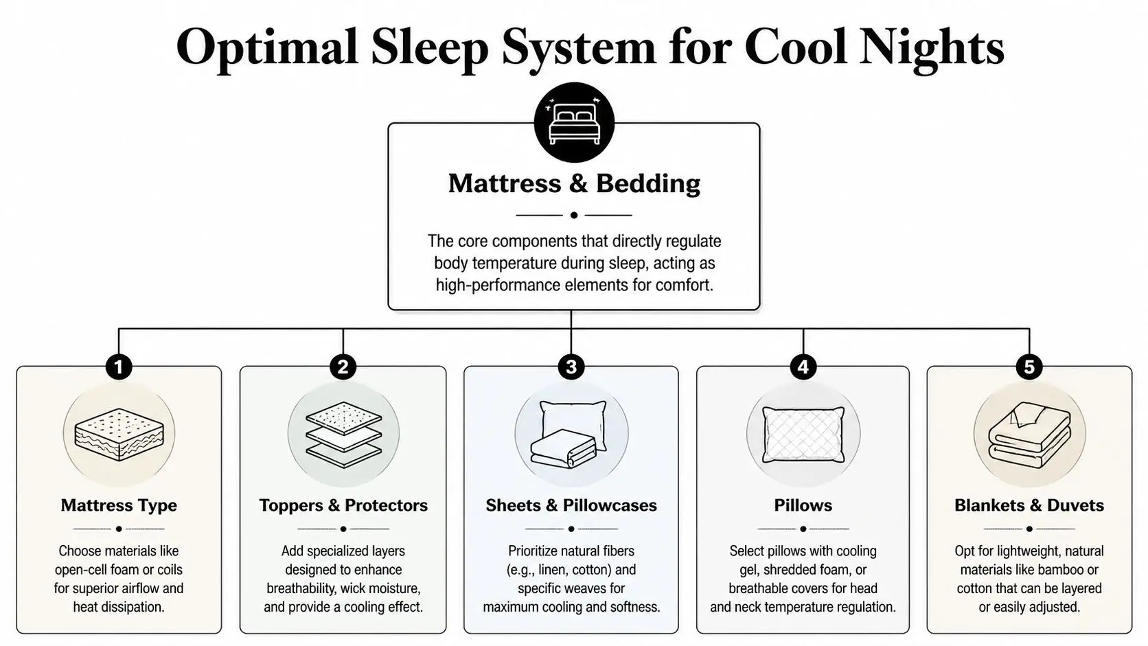 A diagram illustrating an optimal sleep system for staying cool at night using five key bedding categories.