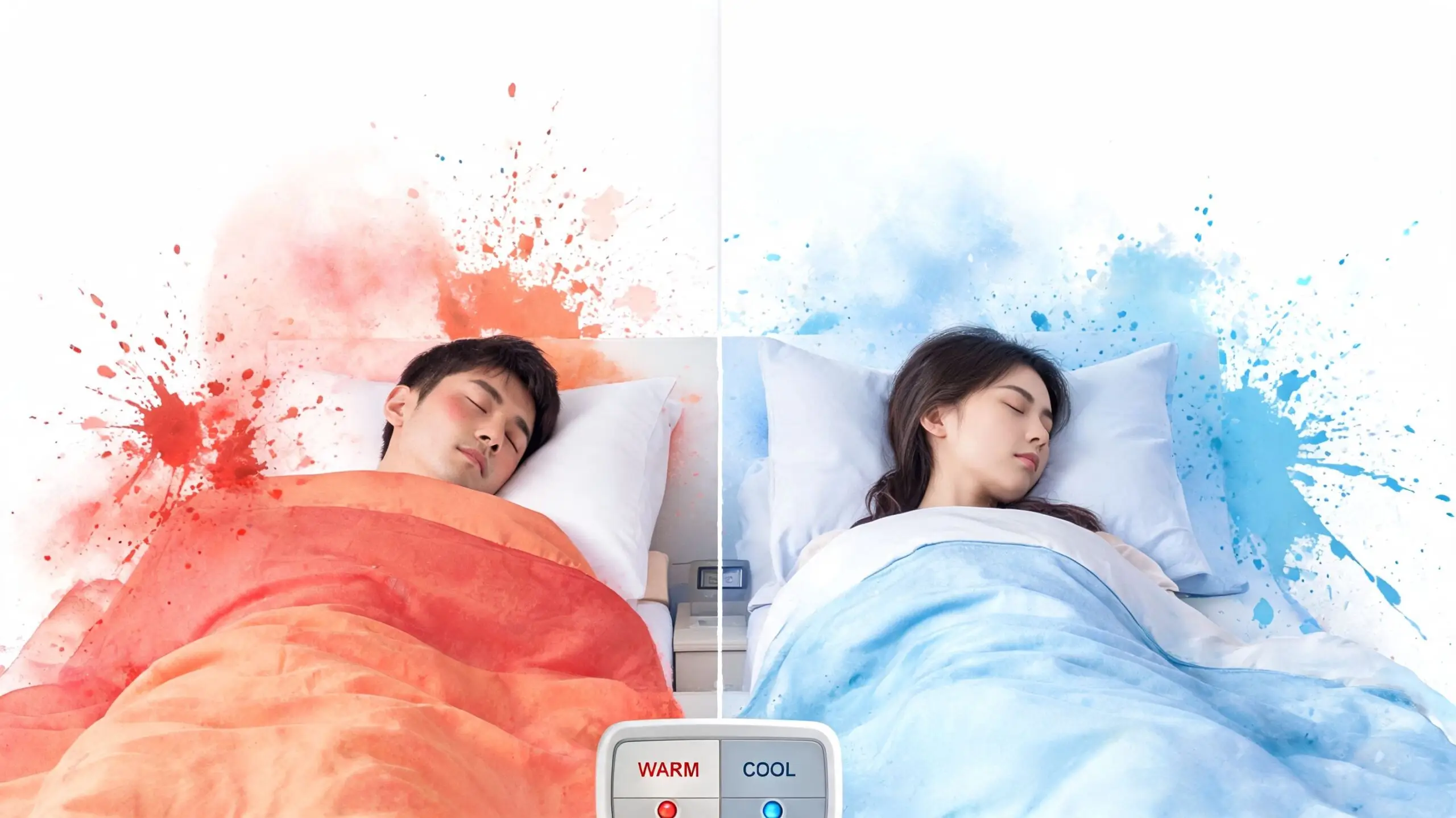 A man and woman sleeping in separate beds with red warm and blue cool temperature effects.