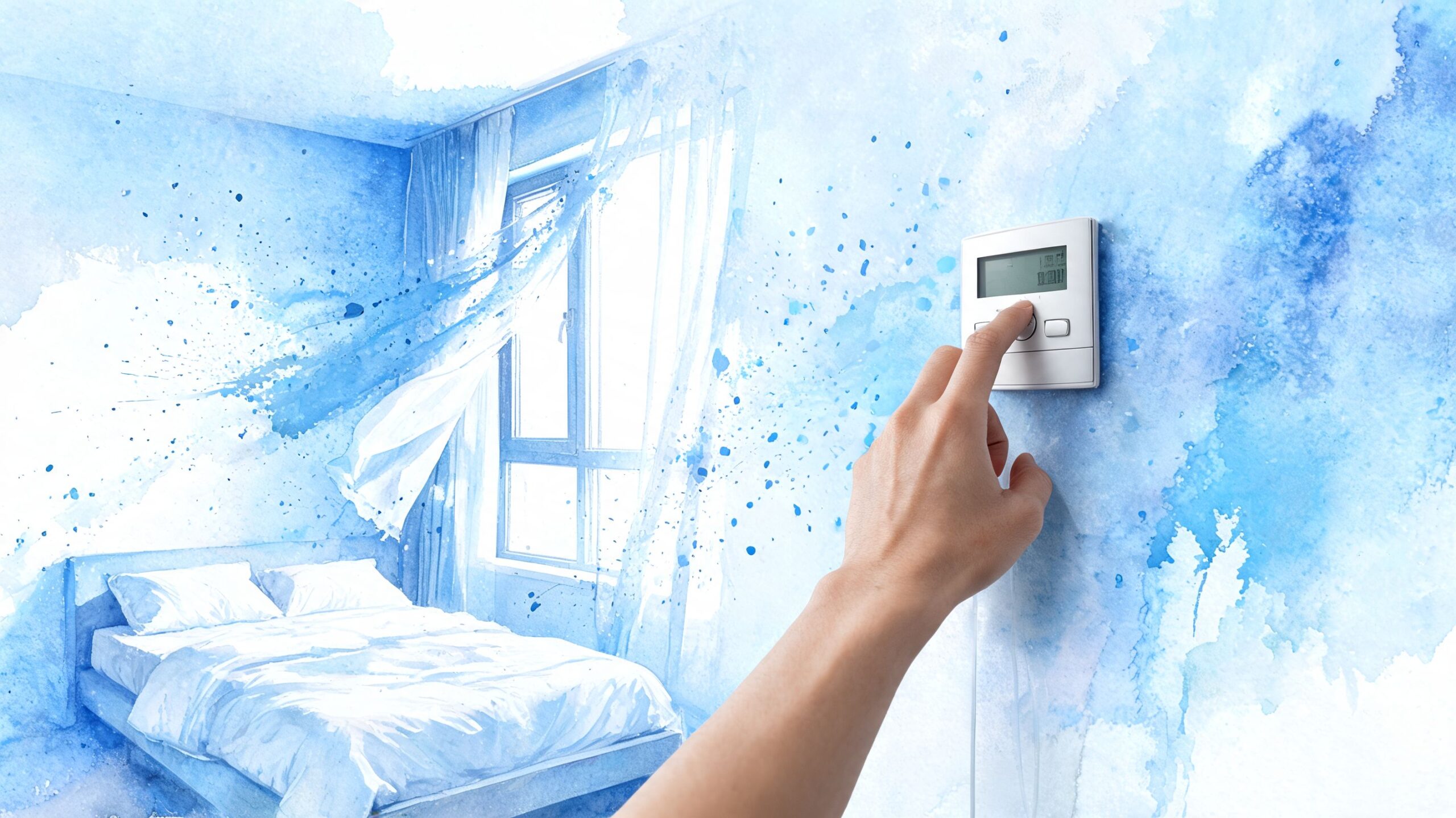 A hand adjusts a digital thermostat on a blue watercolor themed wall in a cool bedroom.