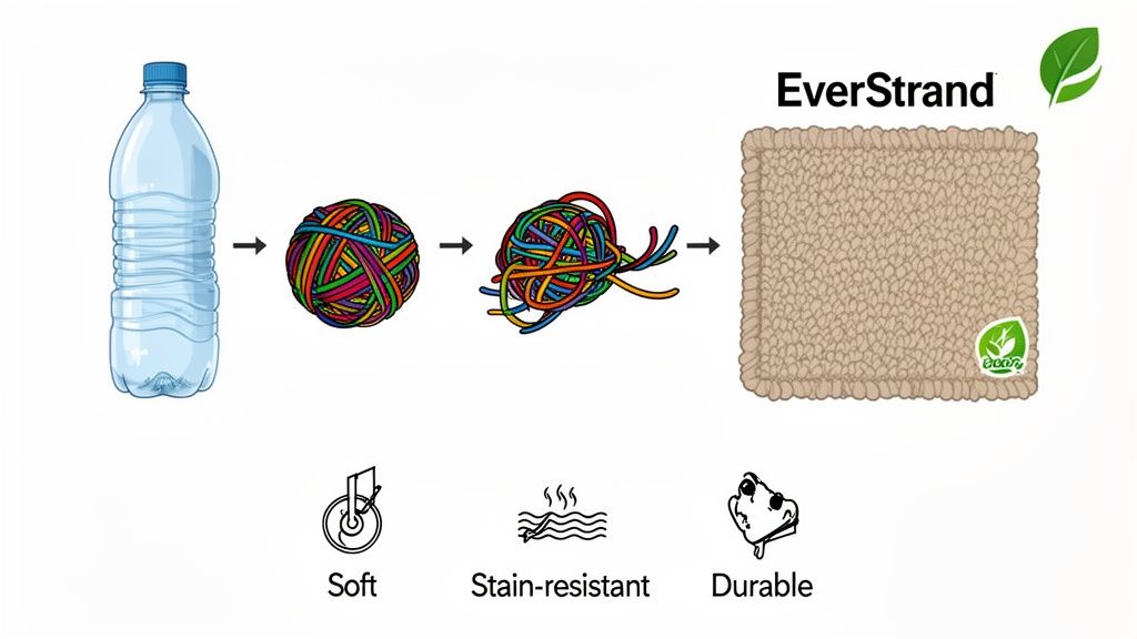 A diagram illustrating the transformation of a plastic bottle into EverStrand carpet, highlighting soft, stain-resistant, and durable qualities.