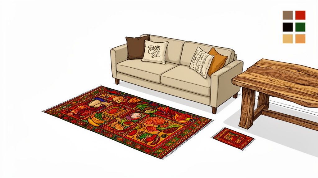 A vibrant Karastan Spice Market rug in a cozy living room with a beige sofa and wooden table.