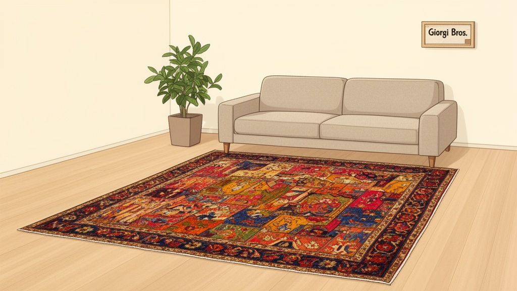 A vibrant, multicolored Karastan Spice Market patchwork rug on a light wooden floor with a beige sofa.