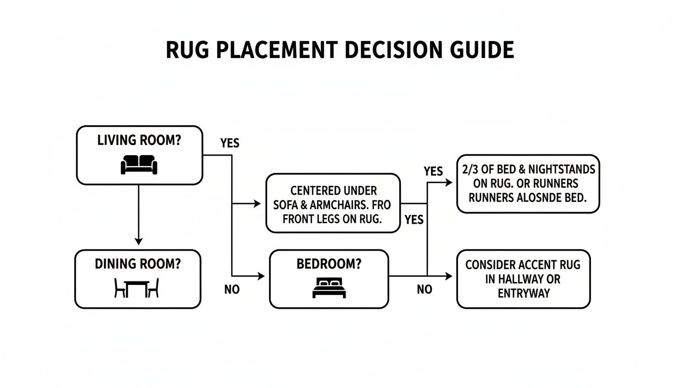 Flowchart illustrating rug placement guidelines for living room, dining room, and bedroom areas.