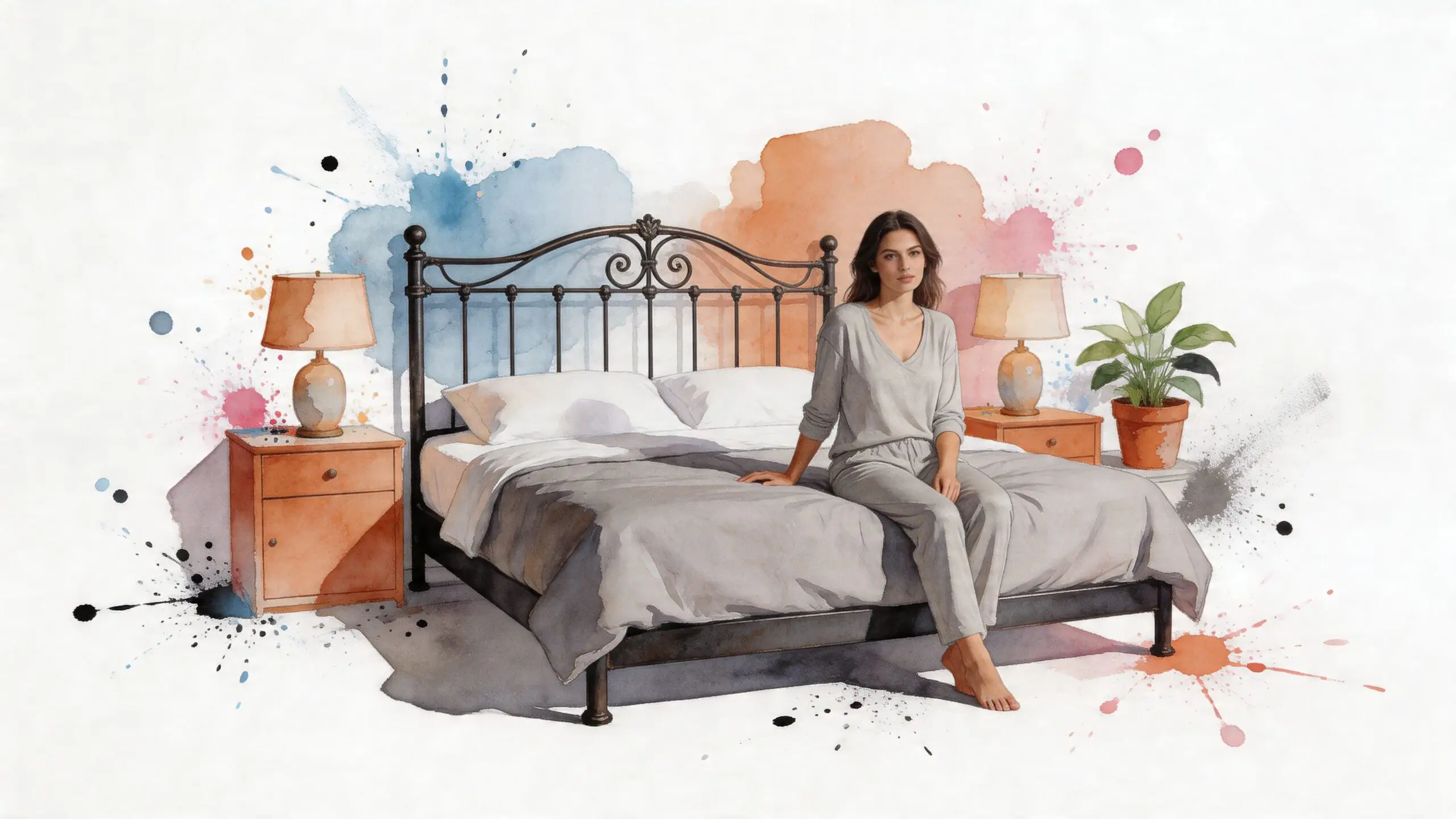 A woman sits on a bed with a black metal headboard in a watercolor-style bedroom setting.