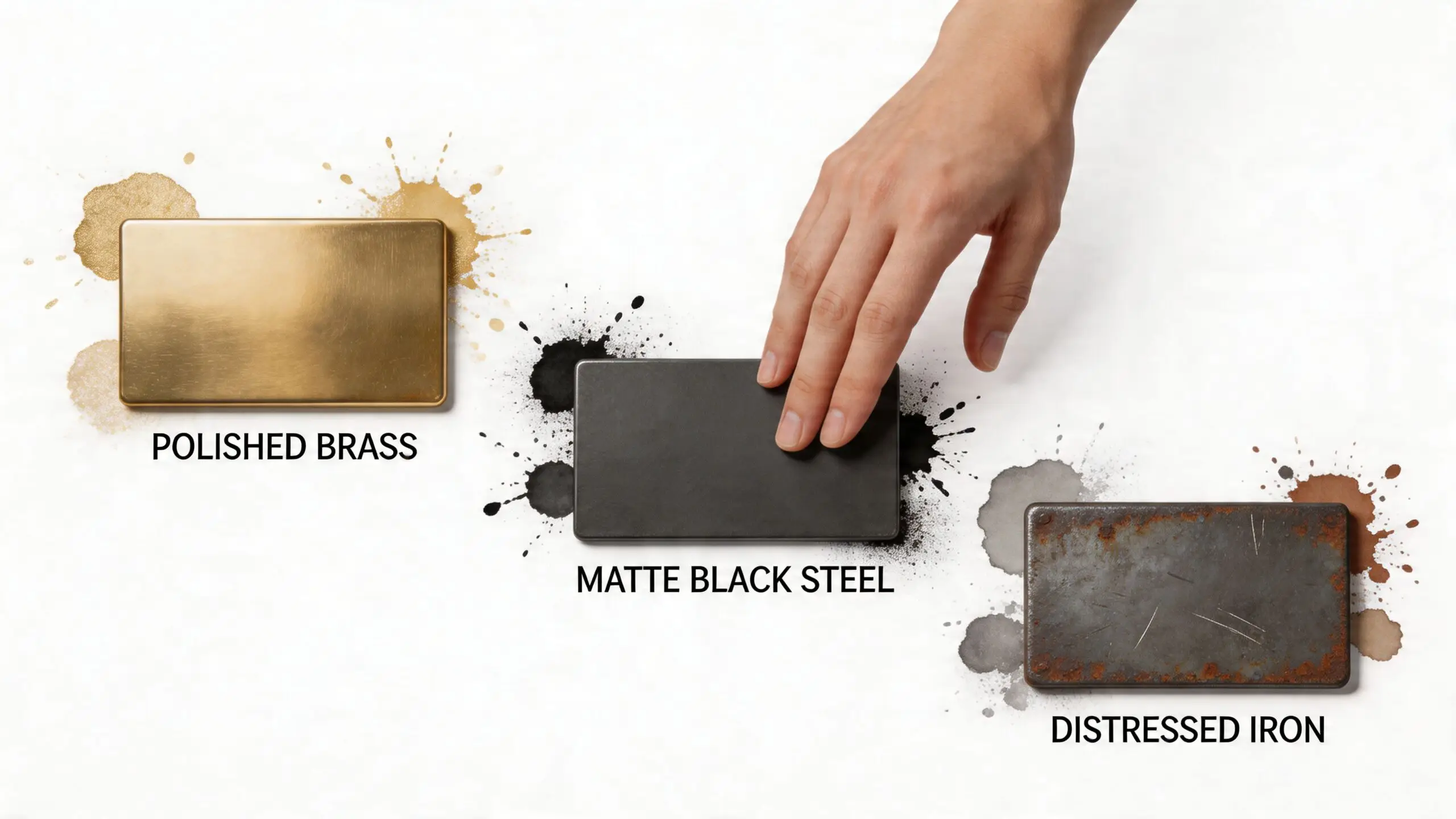 A hand touches one of three rectangular material samples showing polished brass, matte black steel, and distressed iron.