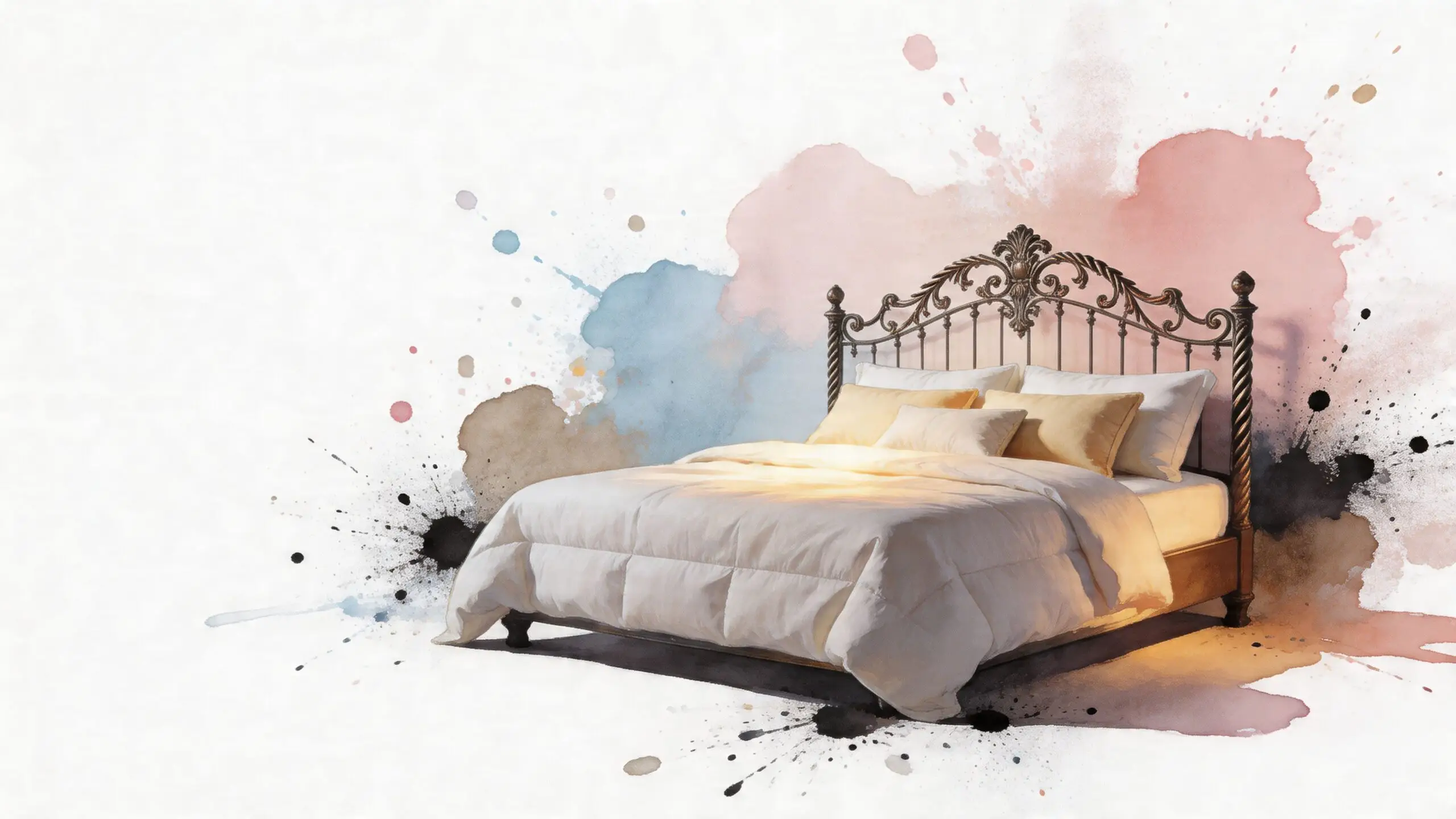 A luxurious ornate metal king bed frame with white bedding against a watercolor art background.