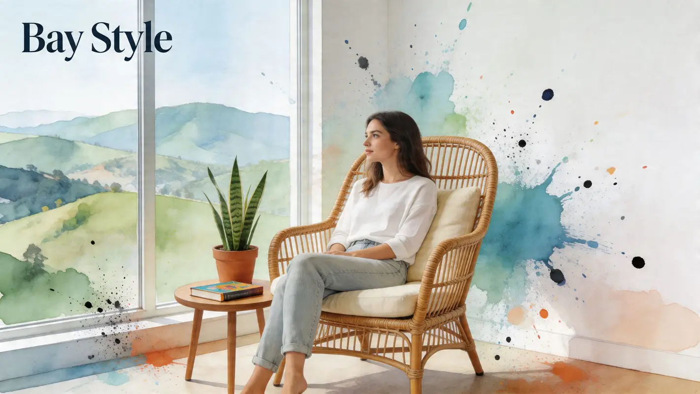 A young woman sits in a rattan chair by a window overlooking watercolor hills and landscape.
