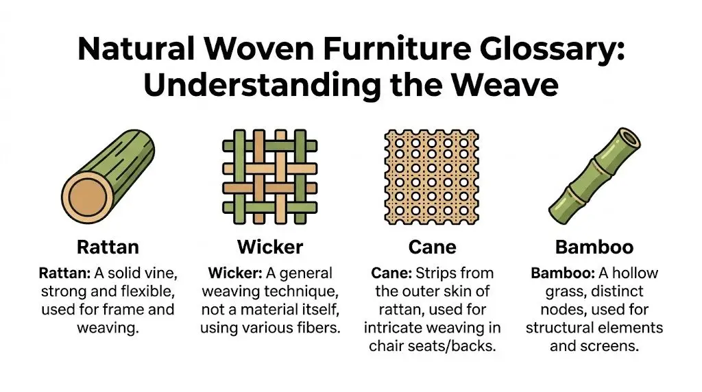 A glossary infographic showing four types of natural materials including rattan, wicker, cane, and bamboo furniture.