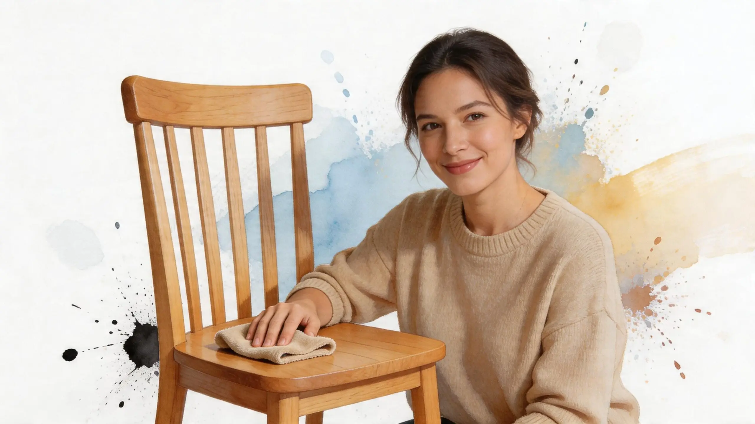 A young woman smiling as she gently wipes and cleans a light wooden dining chair.