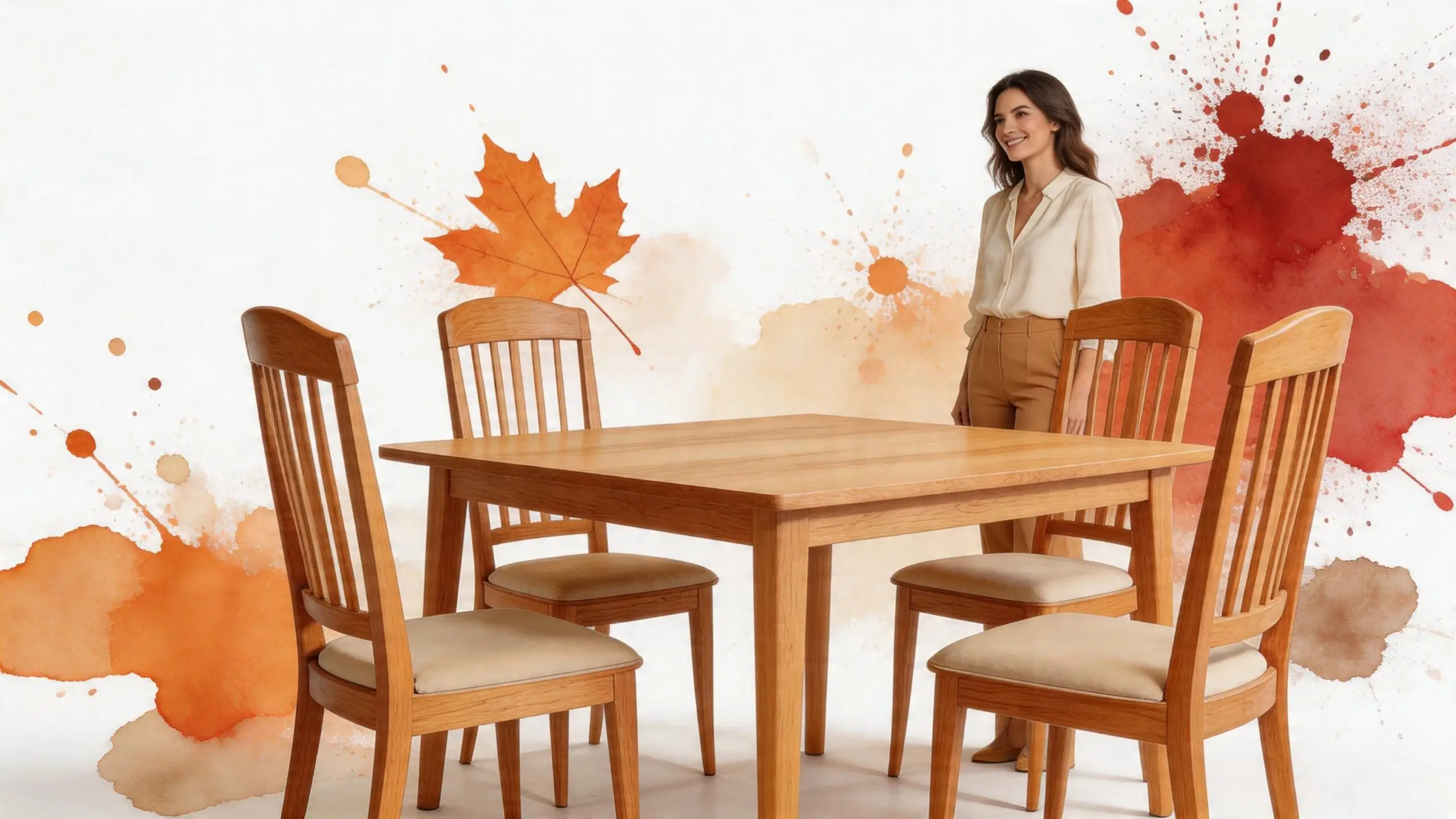 A woman stands beside a wooden dining table with matching chairs and decorative autumn leaves in background.