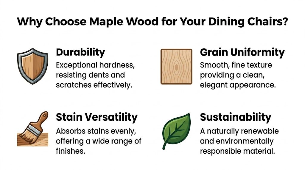 An infographic highlighting the benefits of maple wood for dining room chairs including durability, grain uniformity, stain versatility, and sustainability.