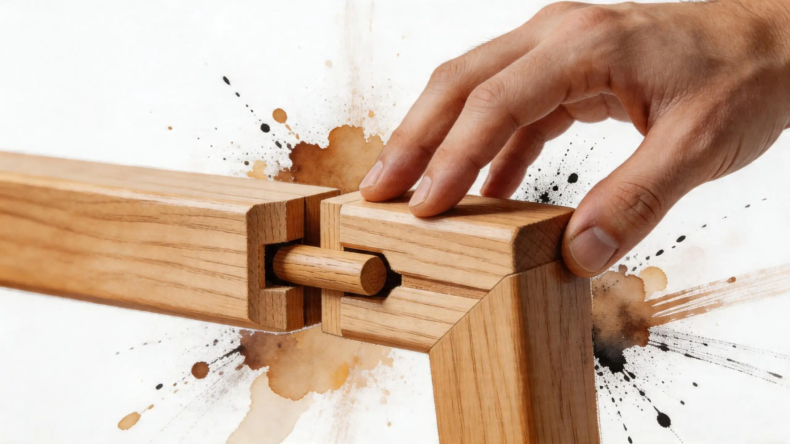 A close-up view of a hand assembling a wooden furniture joint with a dowel mechanism.