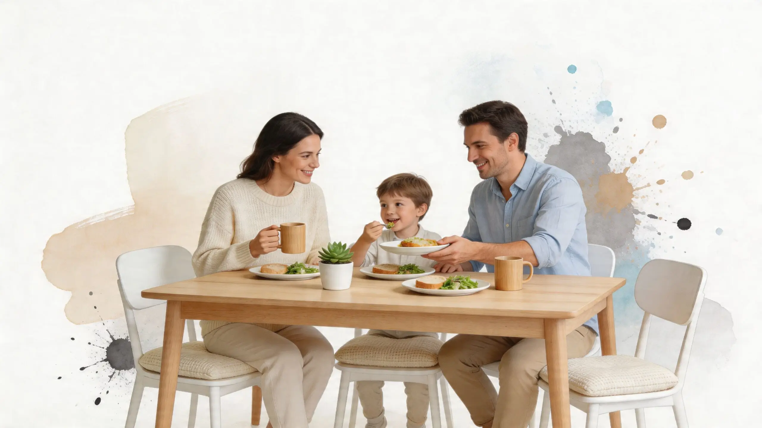 A happy young family eating breakfast together at a light wooden dining table in a cozy home.