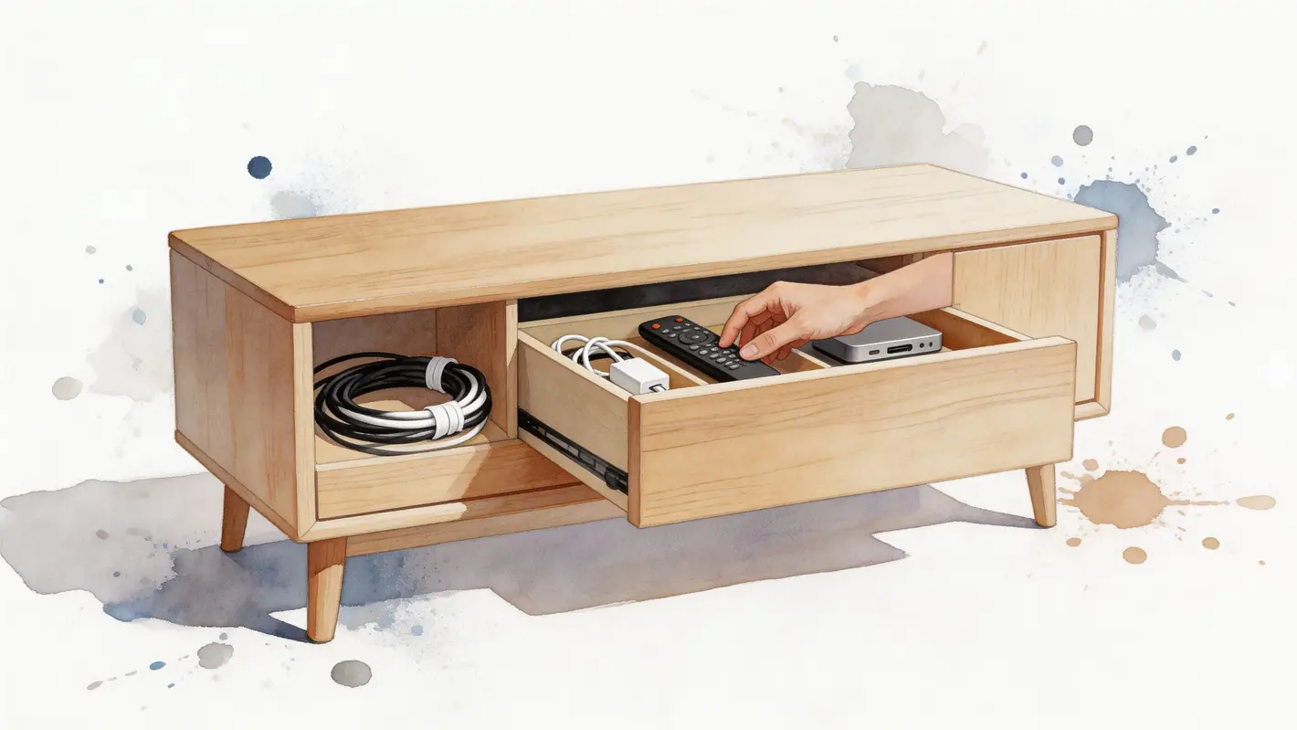 A minimalist wooden Scandinavian TV stand with an open drawer containing a remote, cables, and electronic devices.