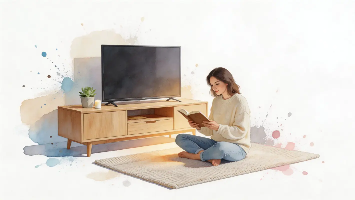 A young woman sitting on a rug reading a book in front of a wooden scandinavian TV stand.