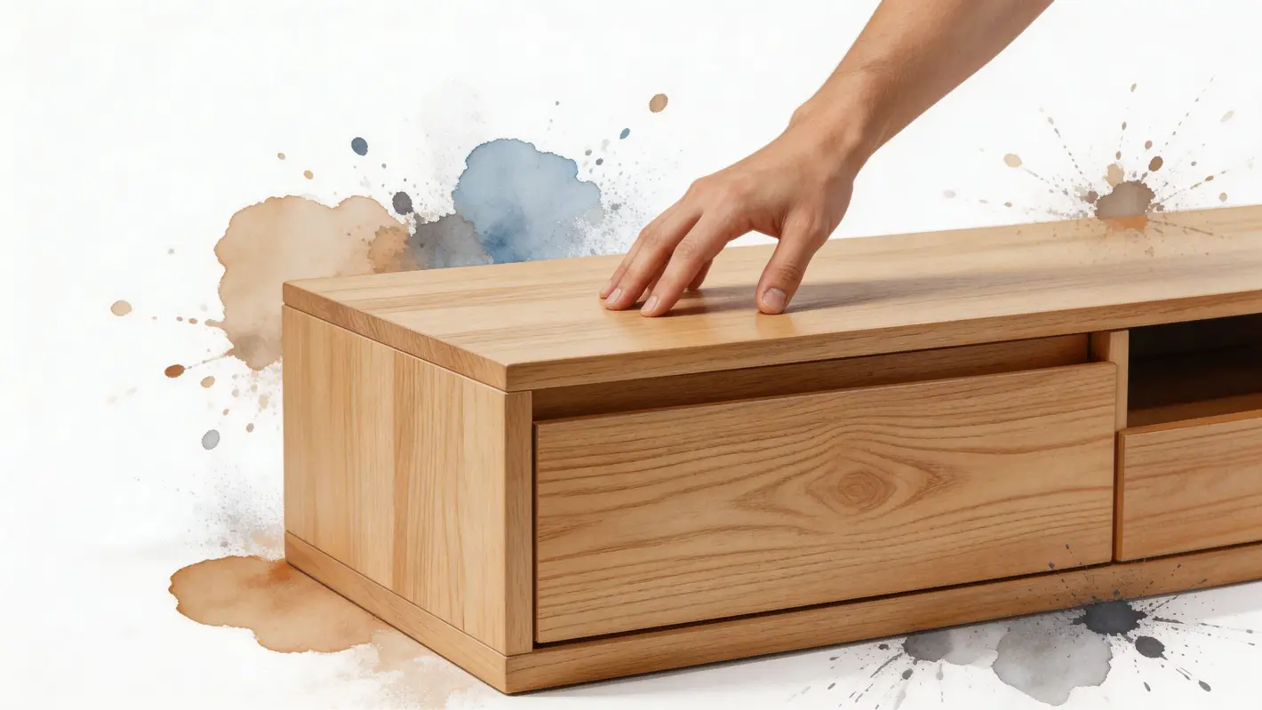 A hand rests on a minimalist wooden Scandinavian TV stand against an artistic watercolor splash background.