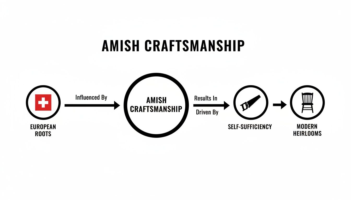 A visual diagram illustrating Amish craftsmanship, its European roots, self-sufficiency principles, and result in modern heirlooms.
