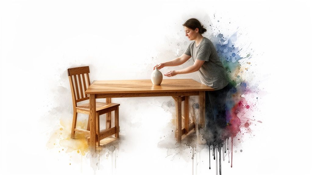 A woman places a white vase on a minimalist wooden table with a chair, featuring watercolor effects.