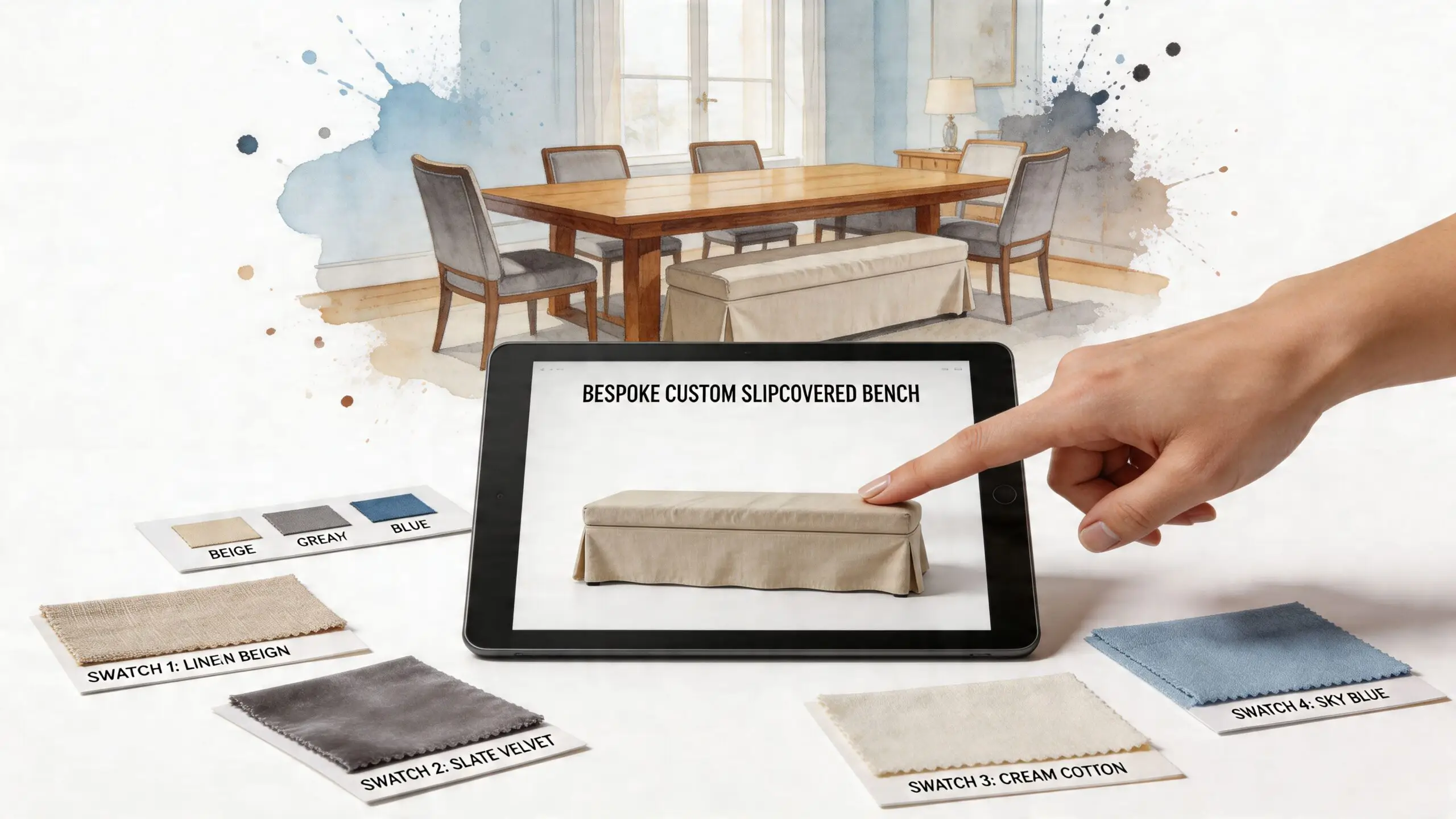 A hand selecting a bespoke slipcovered bench on a tablet screen with fabric swatches laid out nearby.