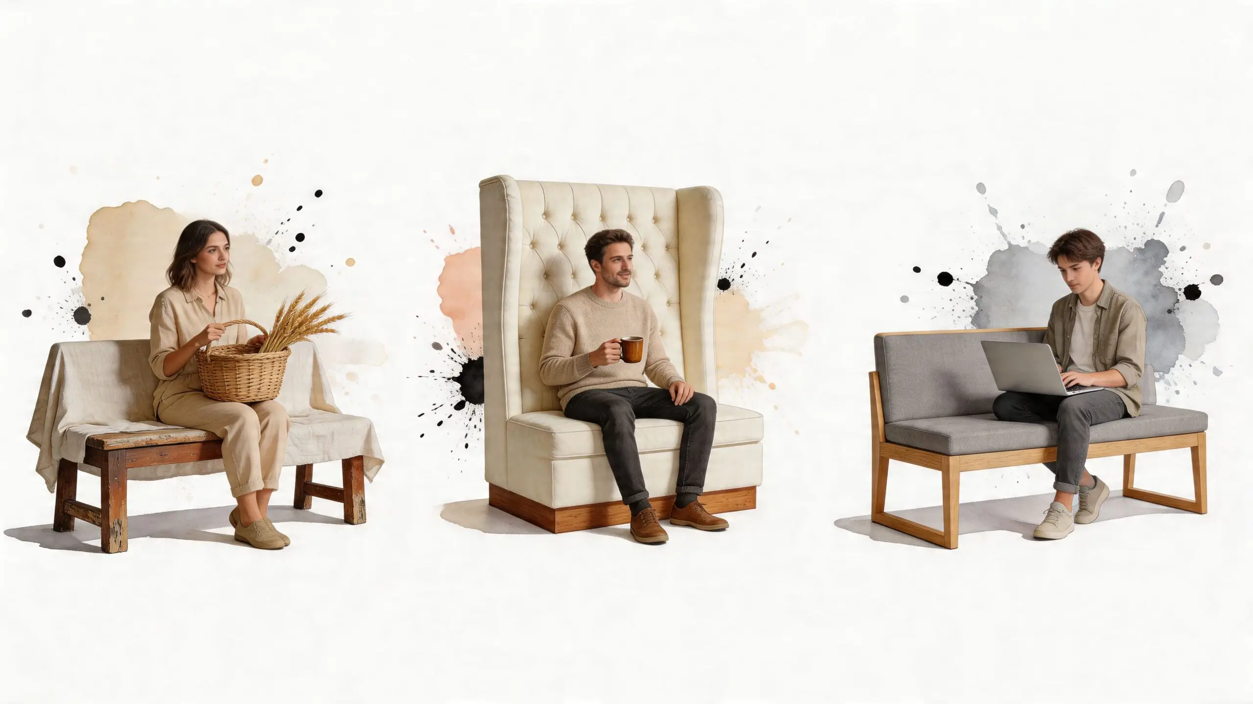 Three people sitting on different stylish indoor benches and chairs against a light background with watercolor splashes.