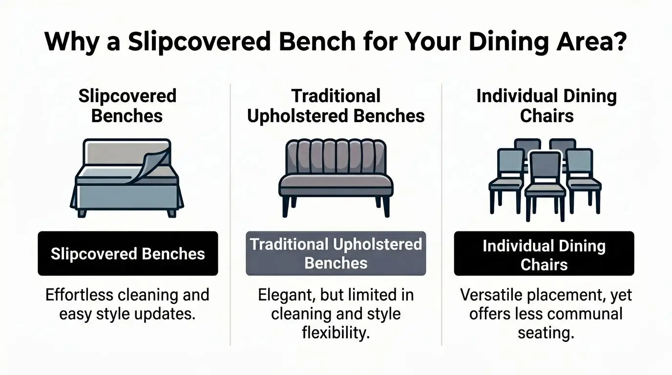 A comparison chart showing benefits of slipcovered benches versus traditional upholstered benches and individual dining chairs.