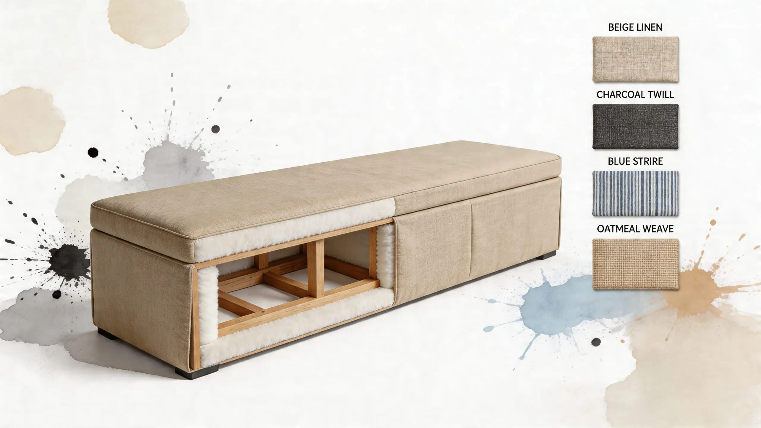A beige upholstered dining bench with its internal wooden frame exposed, displayed alongside four different fabric color swatches.
