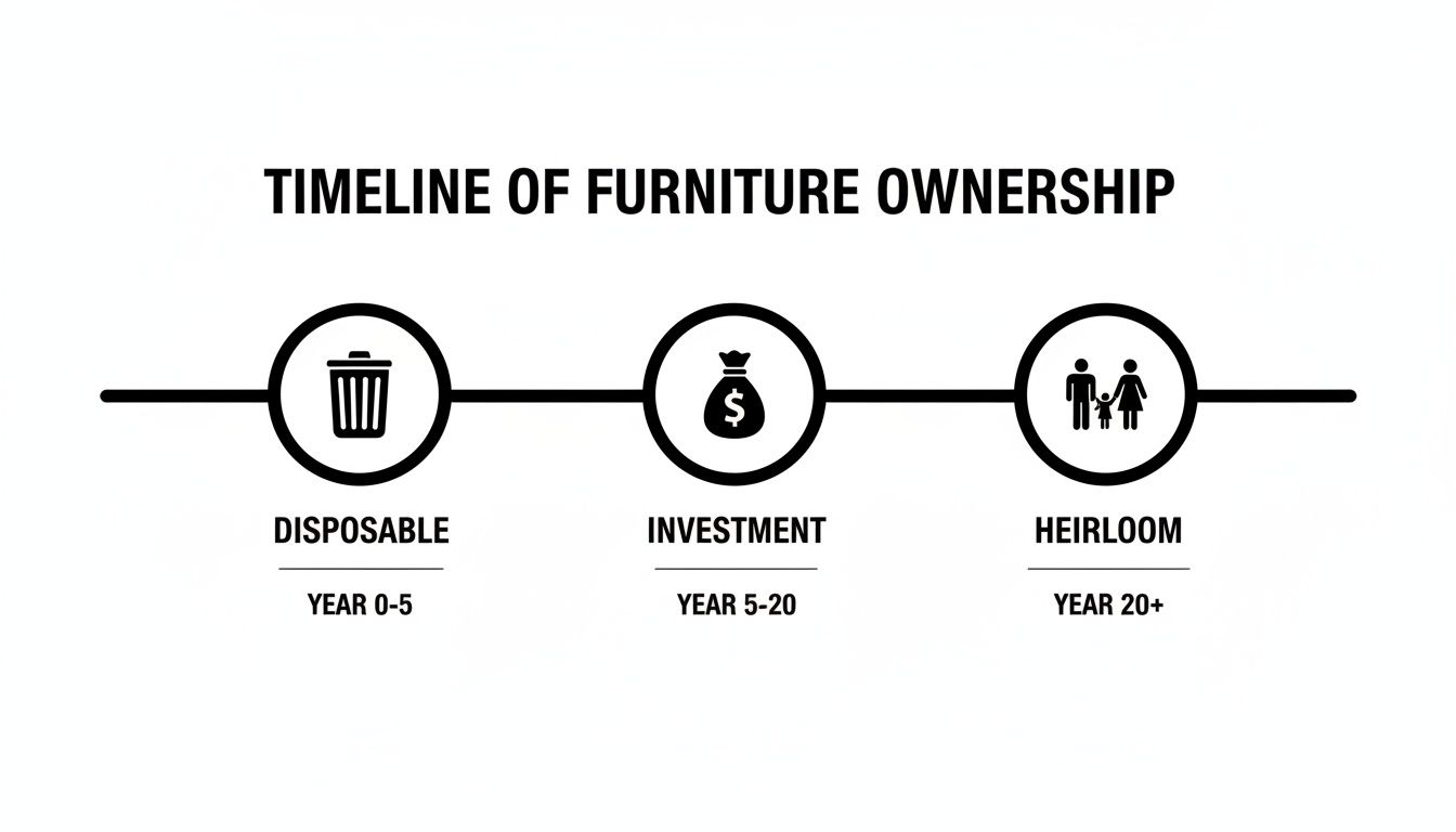 A timeline illustrating furniture ownership stages: disposable (0-5 years), investment (5-20 years), and heirloom (20+ years).