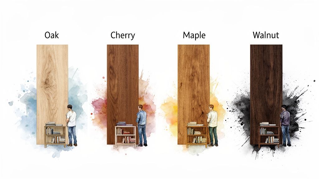 Four solid wood types: Oak, Cherry, Maple, and Walnut, with matching bookshelves and people.