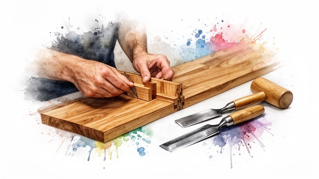 Skilled hands mark a dovetail joint on solid wood, surrounded by woodworking chisels and mallet.